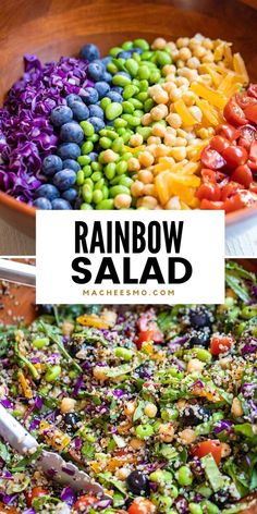 rainbow salad in a wooden bowl with text overlay