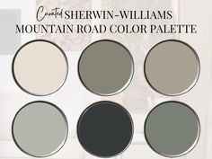 four different shades of paint in the living room with text overlay that says mountain road color palette