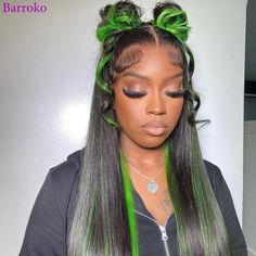 Barroko Highlight 34 Inch Transaprent Lace Frontal 1B Green Colored Straight Human Hair Wig Black And Green Hair, Straight Human Hair Wig, Green Wig, Green Highlights, High Quality Wigs, Ombre Wigs, Straight Lace Front Wigs, Human Hair Lace Wigs, Human Hair Wig