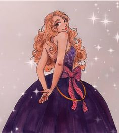 a drawing of a woman in a purple dress with stars on the wall behind her