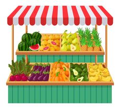 an outdoor fruit stand with fruits and vegetables on it's shelves for sale or to buy