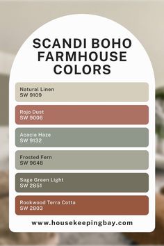 Scandi Boho Farmhouse Color Palette Western House Paint Wall Colors, Vintage Gold Color Palette, Boho Furniture Colors, Boho Farmhouse Interior Design, Scandi Country Style, Unique Bathroom Color Schemes, Whole House Color Palette Boho, Scandinavian Home Color Palette, Best Sunroom Paint Colors