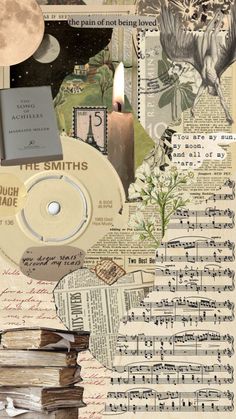 an altered collage with music, books and candles