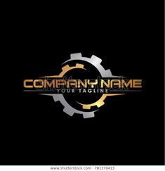 the logo for company with gear wheels and gold letters on black background - stock photo