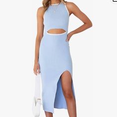 Cutout Bodycon Midi Dress Never Worn! Light Blue Sleeveless Casual Bodycon Dress, Casual Light Blue Sleeveless Bodycon Dress, Blue Summer Bodycon Dress For Day Out, Summer Blue Bodycon Dress For Day Out, Spring Blue Bodycon Dress, Blue Bodycon Dress For Spring Day Out, Light Blue Fitted Maxi Dress For Day Out, Fitted Light Blue Maxi Dress For Day Out, Blue Bodycon Maxi Dress For Spring