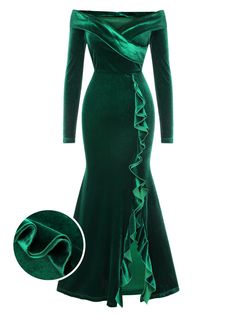 Green 1930s Velvet Off-Shoulder Ruffle-Trim Mermaid Dress Jade Formal Dress Gowns, 1930s Fashion Women Evening, Green Historical Dress, 1930s Costume Women, Golden Age Of Hollywood Dresses, Green Fantasy Dress, Kiss Costume, 1930s Fashion Women, Emerald Green Velvet Dress