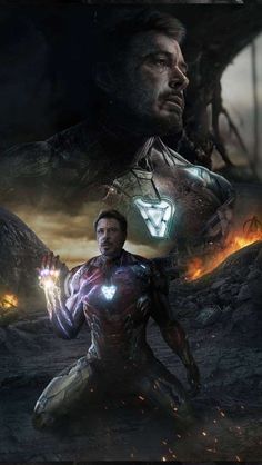 the avengers movie poster with iron man holding his hands out to light up glowing fire