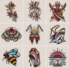 nine different kinds of tattoos on white paper