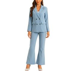 Classic and sophisticated, this business work suit set for women is the perfect addition to your professional wardrobe. The blazer features a timeless design with a single button closure and pockets, adding a touch of elegance to your office attire. The outfit is easily paired with a blouse and high heels for a polished look. Size: M.  Color: Blue.  Gender: female.  Age Group: adult. Birthday Vibes, Formal Jacket, Elegant Blazers, Lapel Blazer, Work Suits, Womens Business Casual, Professional Wardrobe, Business Work, Office Attire