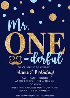 a blue and gold birthday party card with the words,'mr onederut '