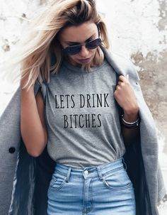 "Funny Day Drinking Shirts,  LETS DRINK BITCHES drinking shirts ~ Cute tee's for any occasion 🥂❤ Any color ~ style ~ size shirt not listed, please message us as we might not have it listed :)  Matching Canvas Tote bags now available in natural or black. ~ Width approximately 14 ~ Height approximately 15 ~ 22 \" handles 100% Cotton  These fun shirts are available in many different styles.  ** Please note the women's tanks and fitted style t-shirts are fitted ~ suggested to size up a size** Women Funny Wife Shirts, Homebody Shirt, Mom Tees Funny, Champagne Shirt, Boston Legal, Brunch Shirts, Womens Graphic Tees, Style T Shirts, Day Drinking