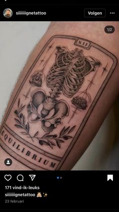 an image of a tattoo on someone's arm that has a skeleton in it