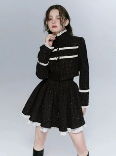 Tweed Stand-Collar Cropped Jacket ＆ Lace Stitch Short Pleated Skirt – ARCANA ARCHIVE Short Pleated Skirt, Pleated Skirt Short, Frill Skirt, Cropped Jacket, Pitcairn Islands, Equatorial Guinea, British Indian, Tweed Jacket, Crop Jacket