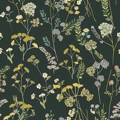 a green wallpaper with flowers and plants on it's sides, including leaves