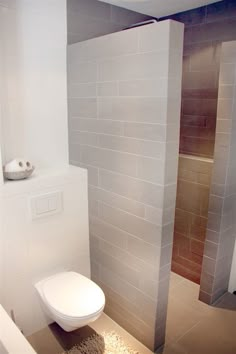 a white toilet sitting in a bathroom next to a shower