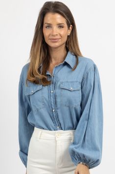 Casual Shirt With Blouson Sleeves, Casual Shirt With Blouson Sleeves For Daywear, Casual Button-up Shirt With Blouson Sleeves, Spring Button-up Shirt With Blouson Sleeves, Button-up Blouse With Blouson Sleeves, Casual Button-up Blouse With Blouson Sleeves, Daywear Button-up Shirt With Blouson Sleeves, Casual Puff Sleeve Blouse With Button Cuffs, Light Wash Button-up Blouse With Button Closure