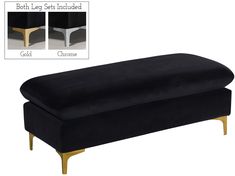 a black bench with gold legs and foot rests including the bottom one is upholstered