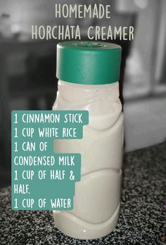 the ingredients for homemade horchata creamer in a glass jar on a counter