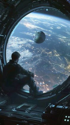 a man sitting in the window of a space station looking out at the earth below