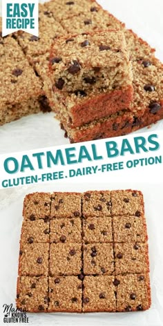 an image of oatmeal bars stacked on top of each other with text overlay