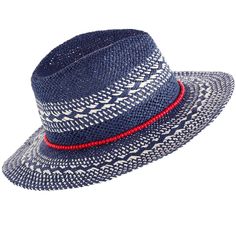 Keep the sunshine out of your eyes this summer with Shiraleah's Ames Hat. Made from deep blue paper straw with white woven details, this chic beach hat is the perfect match to any summer outfit. Pair with other items from Shiraleah's American Summer collection to complete your look! Summer Woven Panama Hat In Paper Straw, Navy Beach Hat, Summer Woven Fedora In Paper Straw, Summer Woven Paper Straw Fedora, Summer Beach Fedora Made Of Paper Straw, Casual Paper Straw Hat For Picnic, White Paper Straw Panama Hat For The Beach, White Paper Straw Panama Hat For Beach, Navy Brimmed Beach Hats