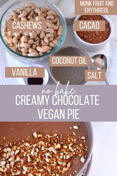 ingredients to make no bake creamy chocolate vegan pie with cashews and cocoa