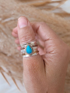 Teardrop Turquoise Gemstone Sterling Silver Spinner Ring for Bohemian Women Bohemian Adjustable Teardrop Turquoise Ring, Bohemian Teardrop Turquoise Adjustable Ring, Unique Adjustable Turquoise Teardrop Ring, Unique Adjustable Teardrop Turquoise Ring, Artisan Teardrop Adjustable Rings, Adjustable Teardrop Turquoise Ring, Tri Color Ring, Bohemian Women, Fidget Rings