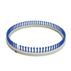 a blue and white plastic ring with pins on the inside, in front of a white background