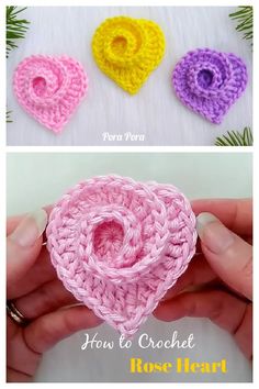 crochet hearts are shown in three different colors and the words how to crochet