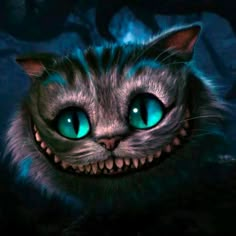 a drawing of a cat with green eyes and fangs on it's face, sitting in front of a blue background