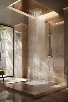 a bathroom with a large shower head and wooden flooring next to a glass window