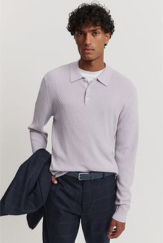 Country Road Men's Cotton Silk Textured Long Sleeve Polo, Lavender, Large. 70% Cotton, 30% Silk | Cotton Silk Textured Long Sleeve Polo Top Road Men, Lavender Cotton, Herringbone Stitch, Polo Top, Country Road, Long Sleeve Polo, Cotton Silk, Herringbone, Knitwear