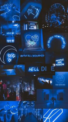 many different neon signs are shown in the dark