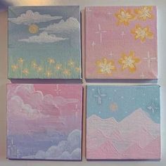 four paintings are shown in pastel colors with clouds and flowers painted on the canvass