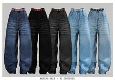 five pairs of jeans are shown in different colors