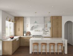 an artist's rendering of a kitchen with wooden cabinets and stools in it