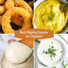 four different pictures with the words best dipping sauces for calamari on them