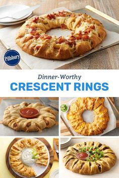 different types of breads and pastries are shown with the title, dinner - worthy crescent rings