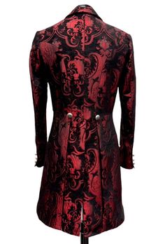 A formal Victorian coat with tails. Great for special occasions, formal events, or when you want to stand out from the crowd. Beautiful red and black tapestry fabric with luxurious black velvet lapels. Fully lined in rich black satin. Six ornate metal buttons decorate the front and two at the waist in back. Three smaller metal buttons are at each cuff. Comes in sizes Small-3X. I love this one!! Measurements: Small - Chest 40" Waist 30-34" Medium - 42-44" Waist 32-38" Large - Chest 46" Waist 36-4 Elegant Red Costume Outerwear, Victorian Coat, Black Tapestry, Hollywood Homes, Tapestry Fabric, Decorating Blogs, Small Chest, Metal Buttons, Black Satin