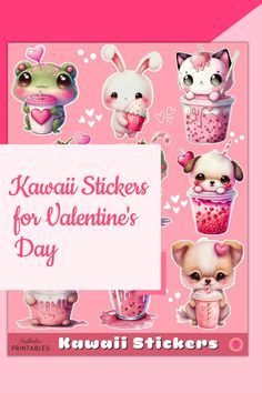 kawaii stickers for valentine's day with cute animals and cupcakes