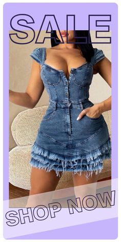 The cowboy blue Street Solid Tassel Split Joint Buckle Square Collar A Line Dresses Medium Wash Denim Dress For Summer Party, Summer Party Medium Wash Denim Dress, Fitted Bohemian Denim Dress For Summer, Chic Dress Classy, Line Dresses, Dress Classy, The Cowboy, Classy Dress Outfits, A Line Dresses