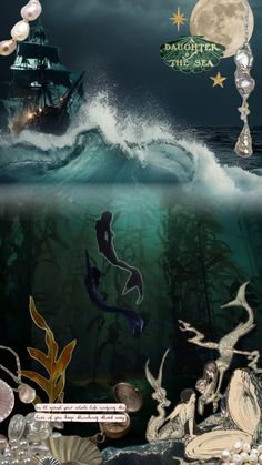 an underwater scene with seaweed, shells and mermaids in the water at night