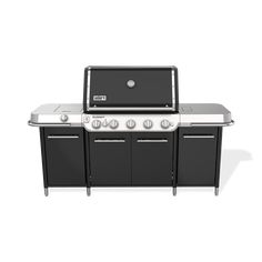 an outdoor bbq grill with three burners and two doors