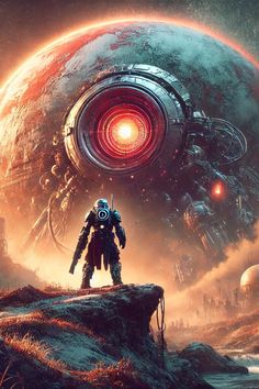 a man standing on top of a hill in front of a giant alien ship with an eye