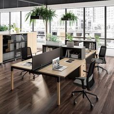 an office area with desks, chairs and bookshelves in front of large windows