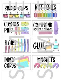 the back to school printables are organized with markers, crayons and glue