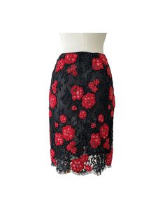 Blumarine FW 1991 black lace skirt with red flowers embroidered with beads. Scalloped lace edging. Condition: Excellent Tulle slightly frayed near zip. Size and Fit: 42 IT | M Party Skirt With Floral Embroidery And Lace, Lace Skirt With Floral Embroidery For Party, Fitted Lace Skirt With Floral Embroidery, Fitted Red Skirt With Floral Embroidery, Embroidered Black Evening Skirt, Black Embroidered Evening Skirt, Embroidered Black Skirt For Evening, Anna Molinari, Flowers Embroidered