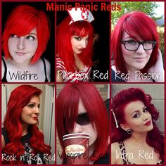 Manic panic Reds-- Made a collage of Manic Panic's Reds - Wildfire  Pillarbox red Red passion Rock n' roll red Vampire Red  Infra Red Infra Red Hair, Manic Panic Infra Red, Manic Panic Red, Manic Panic Vampire Red, Red Vampire, Dyed Red Hair, Bright Red Hair, Gorgeous Hair Color