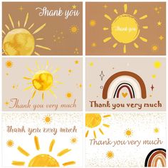 thank you cards with sun, rainbow and clouds in different colors are on the same page