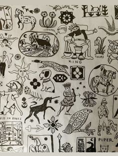 an old drawing with many different designs on it's surface, including people and animals